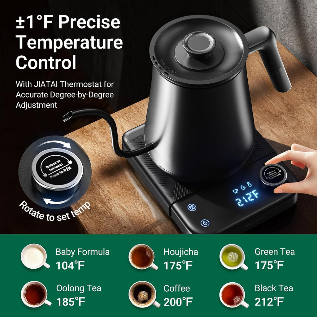 Gooseneck Electric Kettle with ±1°F Temperature Control, Pour Over Kettle for Coffee & Tea, 1200W Rapid Heating