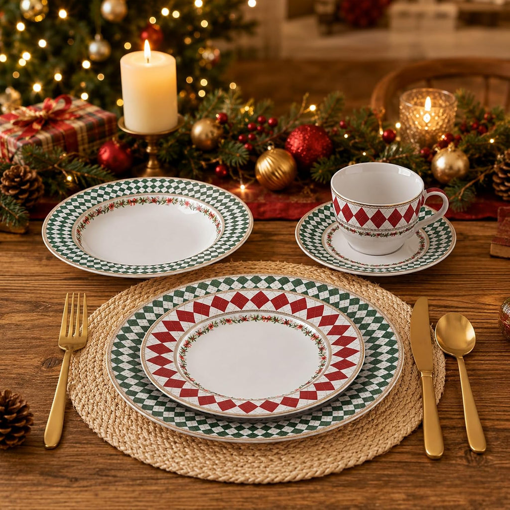 Christmas Argyle Real Gold Trim Porcelain Dinnerware Set, Piece Service for 8 Plates Bowls Mugs