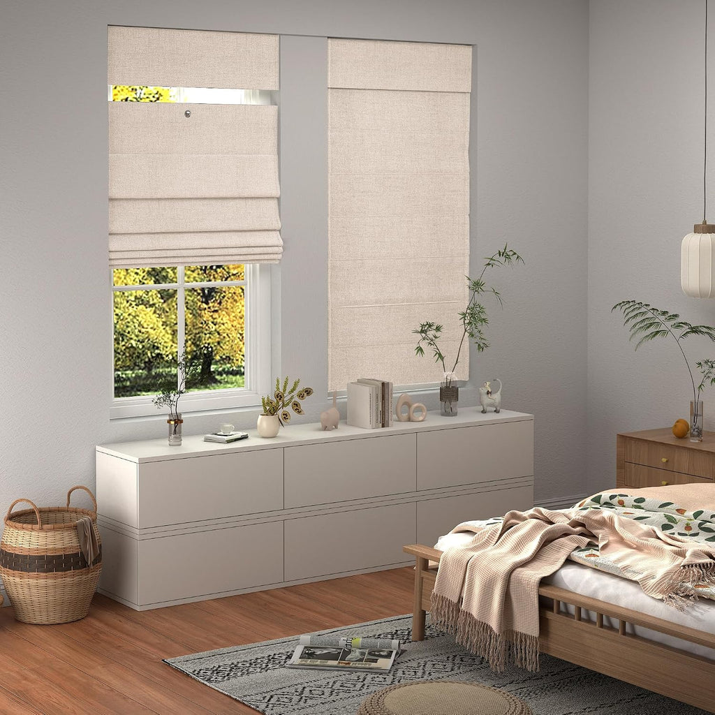 Top Down Bottom Up Roman Shades for Windows, Blackout Linen TDBU Roman Blinds, Cordless Fabric Roman Shades with UV