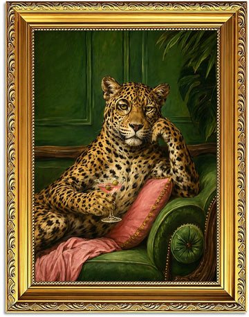 Vintage Gold Framed Leopard Wall Art, Green Pink Animal Wall Decor, 12x16 In