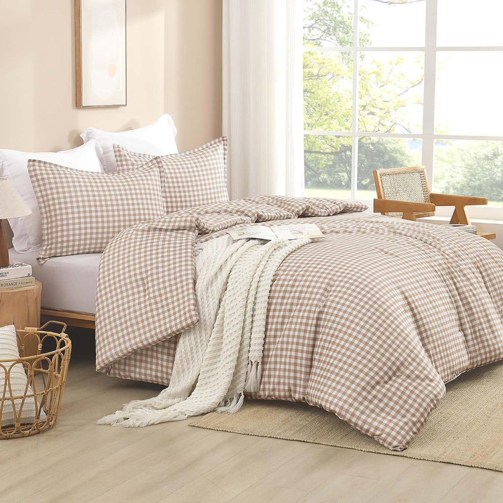 Tan Gingham Comforter Set Twin(66x90Inch), Brown Checkered Grid Plaid Buffalo Bed Set for Girls Boys Kids Teens, 2