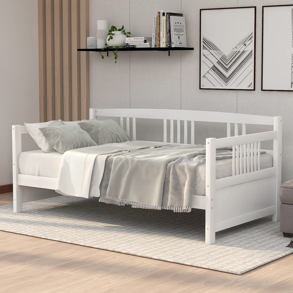 Daybed Twin Bed Wooden Slats Support Modern Living Daybed with Rails, Twin Size, Ivory White