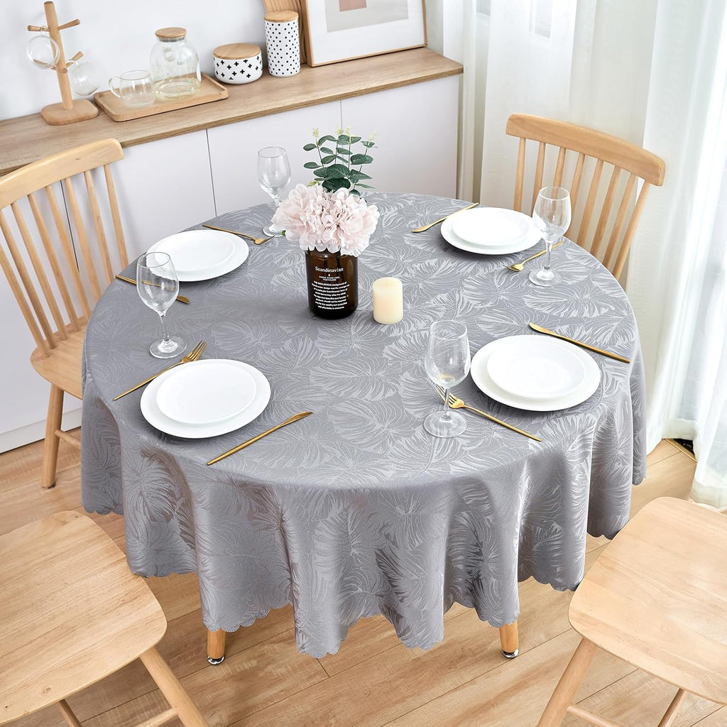 Jacquard Round Tablecloth 60 Inch Grey Table cloth Leaves Pattern Scalloped Edge Silky Soft Waterpro