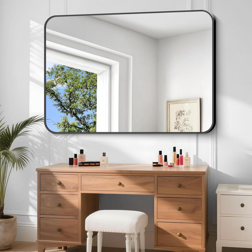 Large Bathroom Mirror, 60 x 40 inch Black Rectangle Mirror, Metal Framed Rectangular Vanity Mirror, Rounded Corner