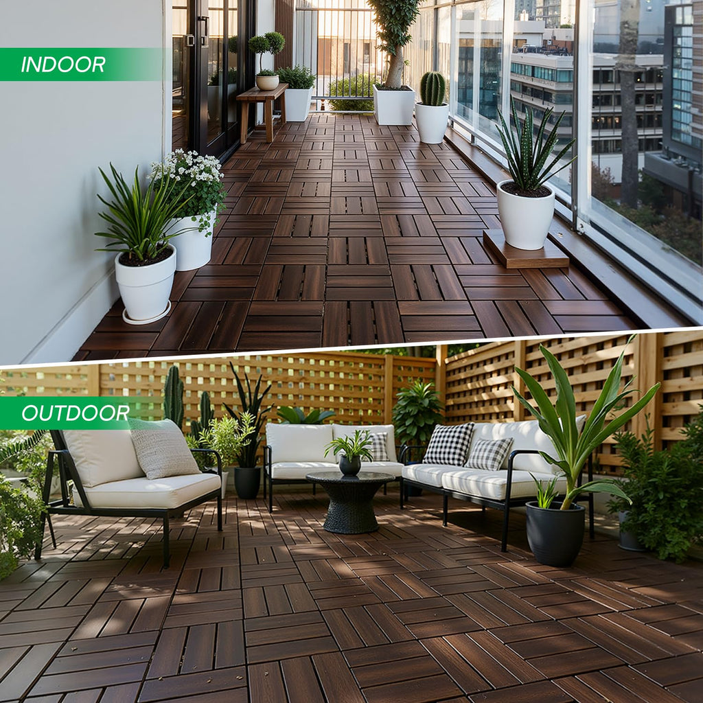 Interlocking Deck Tiles 9.6 SQFT - 10PCS Waterproof Acacia Wood Patio Tiles, Flooring Tiles for Indoor and Outdoor