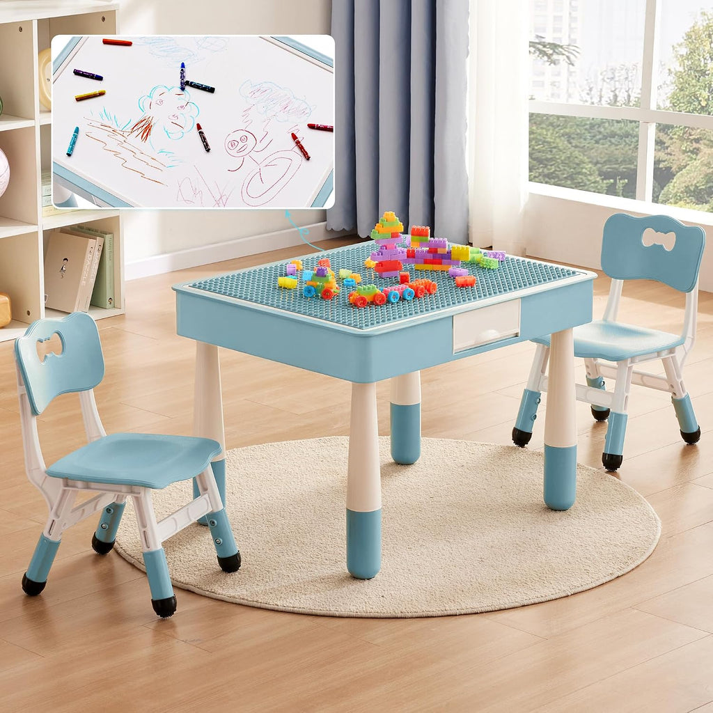 Kids Table & 2 Chairs Set, Double-Sided with Storage,Grayish Blue