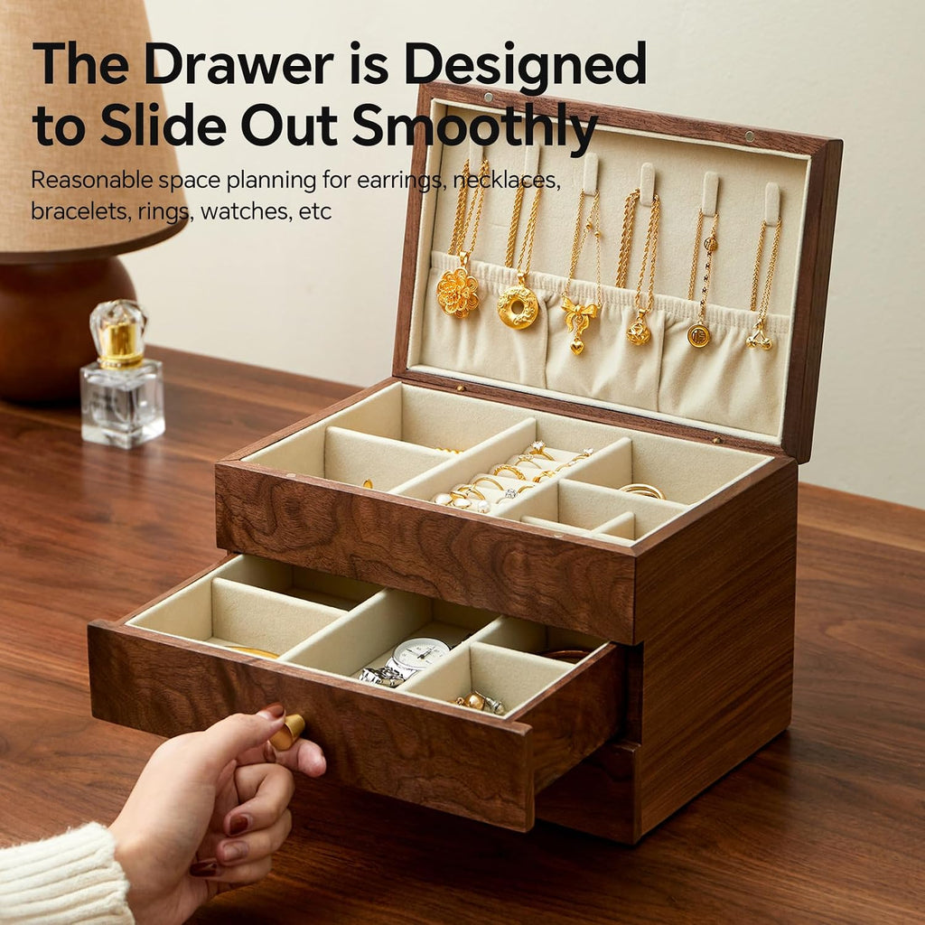 Black Walnut 3 Layer Wooden Jewelry Box Organizer