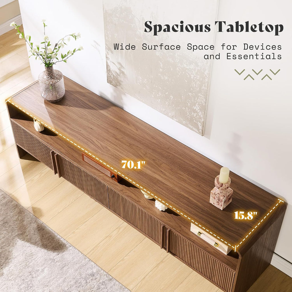 70" Fluted Wood TV Stand for TVs up to 80", Media Console Entertainment Center with Storage Cabinets for Living Room