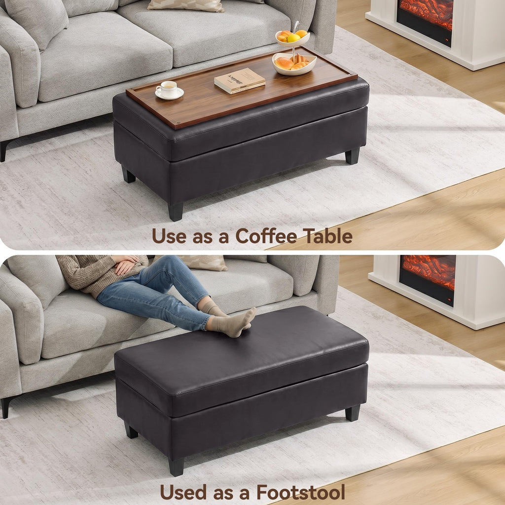 45" Faux Leather Storage Ottoman Bench with Wooden Tray, Dark Brown Large Upholstered Foot Stool, Multifunctional