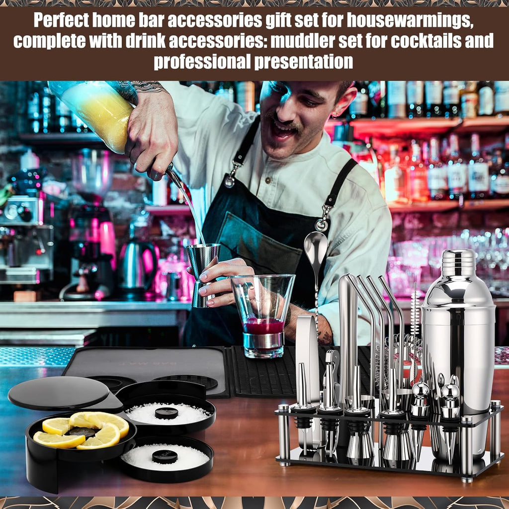 Cocktail Shaker Set and Bartender Kit with Stand, 18 x 12 Inch Folding Bar Mat with Cutting Board, 3 Tier Bar - Set of 28