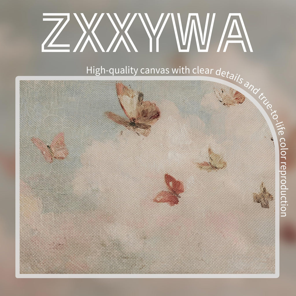 Framed Vintage Butterfly Canvas Wall Art, Dreamy Cloud Butterfly Poster Print, Soft Pastel Sky Nature Artwork, Retro