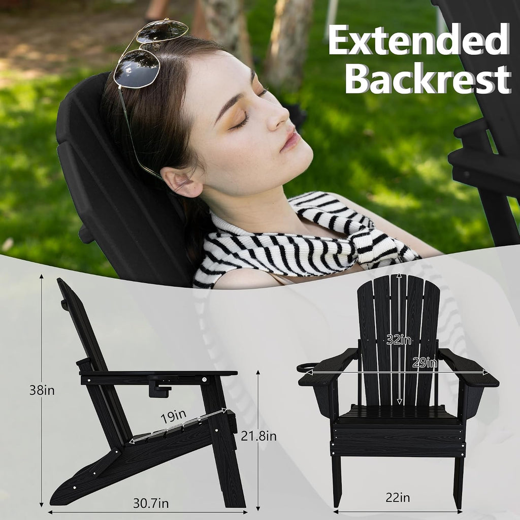 HDPE Folding Adirondack Chair Set of 2 with Cup Holder, Black | SGS Tested, Wooden Textured, Heavy All-Weather HDPE