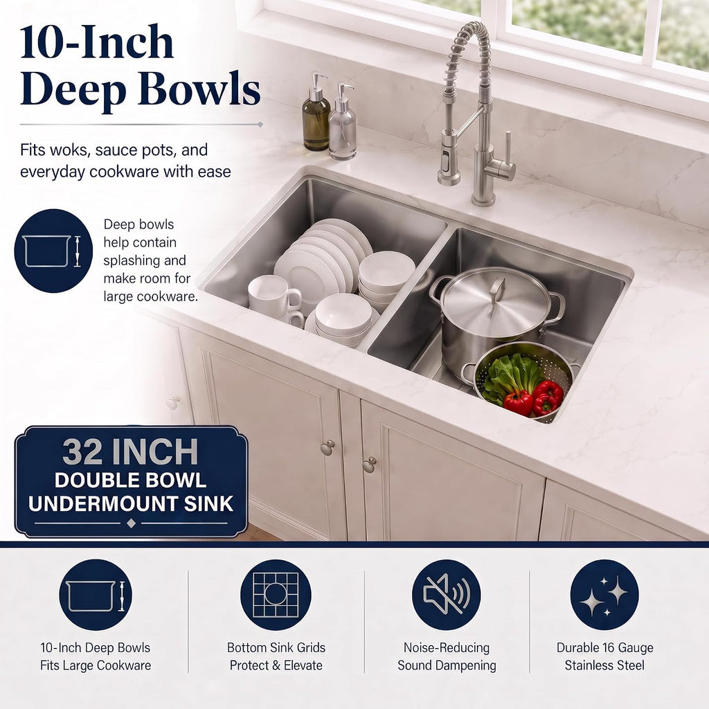Kitchen Sink Stainless Steel, Undermount Kitchen Sink 32 Inch, 50/50 Double Bowl True 16 Gauge Stainless Steel