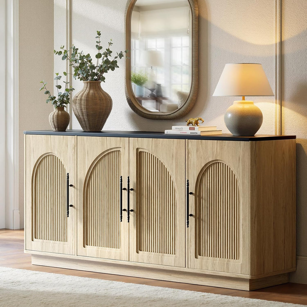 67IN Oak Fluted Sideboard Buffet Cabinet with Storage | Large Wood Storage Cabinet with Arched Door, Dining Room