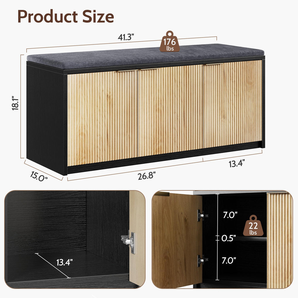 2-Tier Shoe Storage Bench with 3 Doors & Adjustable Shelf, Removable Padded Seat Cushion, 41.3" Entryway Bench - Wood