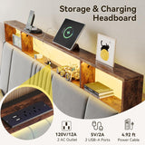 Full Bed Frame with Ergonomic Headboard, Upholstered Metal Platform Bed Full with 2-Tier Storage, Charging Station