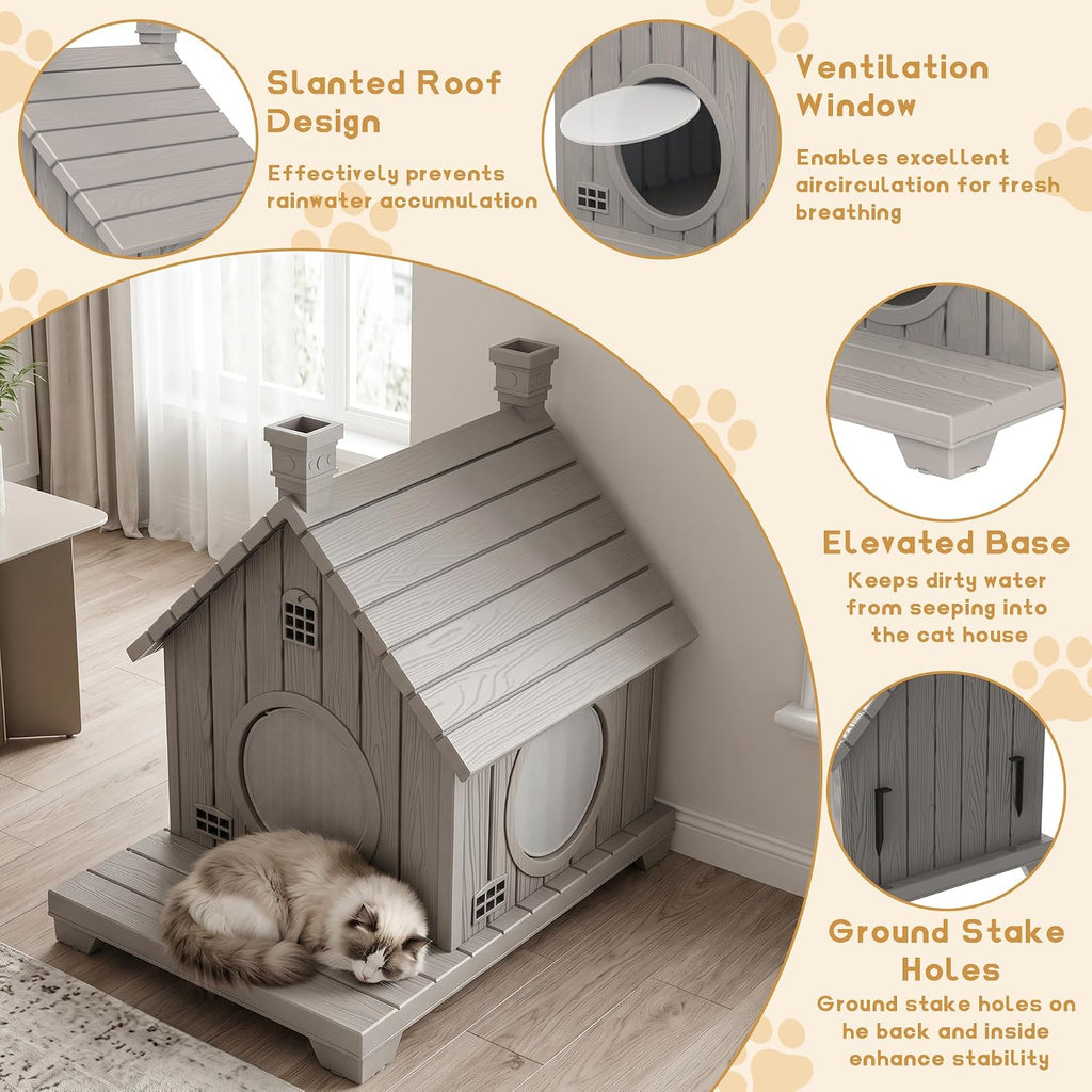 Outdoor Cat House Weatherproof 1-Story Durable Resin, Grey