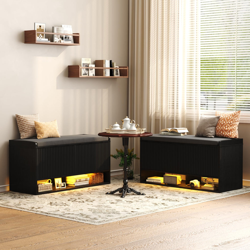 39.4" Fluted Shoe Storage Bench, Entryway Bench with Linen Seat Cushion, Shoe Cabinet Bench with Adjustable Shelf and