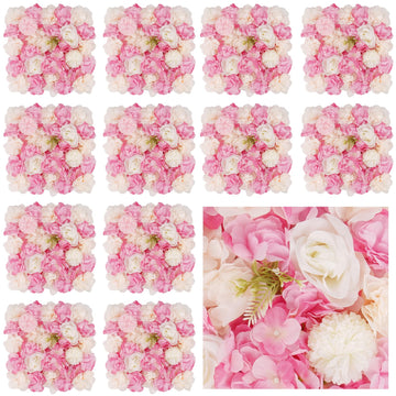 3D Flower Wall Backdrop, 12 Pcs 15x15 Inch Pink & White Panels