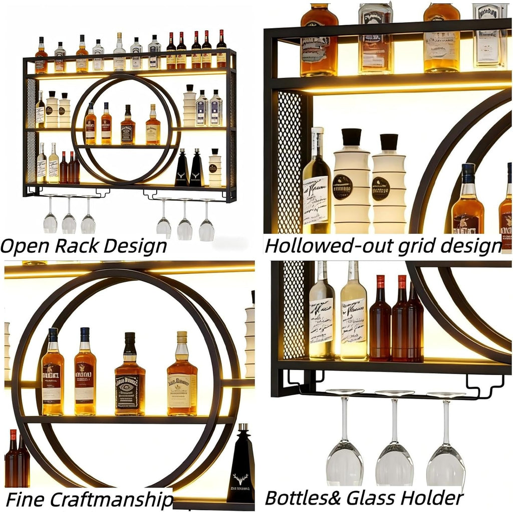 39.4" Wall Mounted Wine Rack with LED Light and Glas Holder | Industrial Metal Bar Shelf Wall Mounted Wine Rack