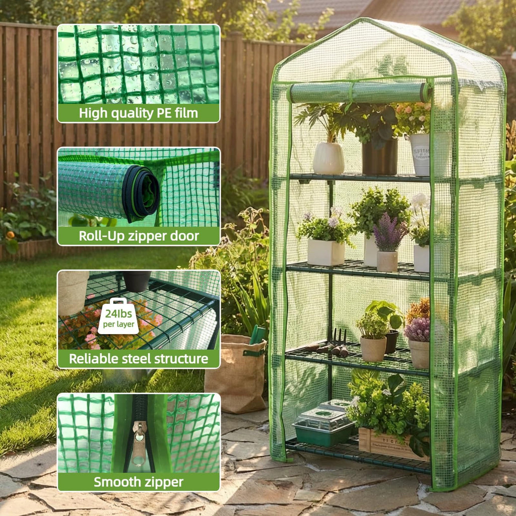 4 Tier Mini Greenhouse - Portable Indoor Outdoor Green House with 24lbs Per Shelf, Durable PE Cover & Tool-Free