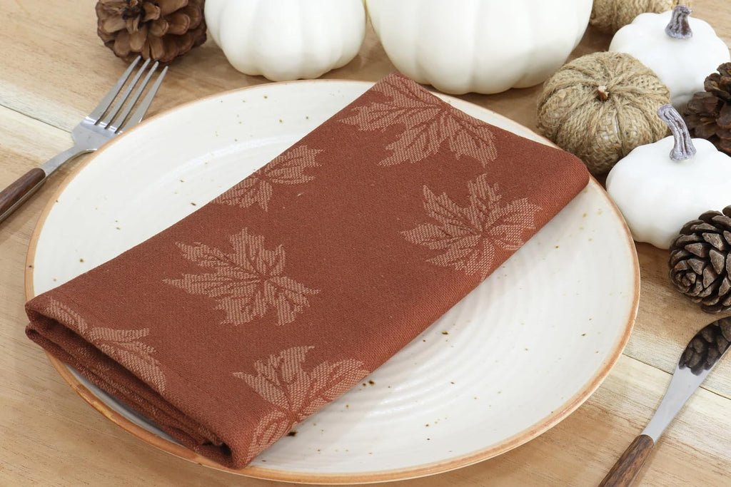 Rustic Damask Maple Leaves Fall Table Napkin (18x18 Inch Set of 6), Table Placemat (13x19 Inch Set of 4) - Jacquard