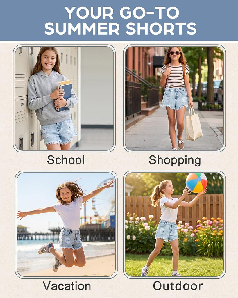 Girls Ripped Jean Shorts Elastic Mid Waist Denim Shorts