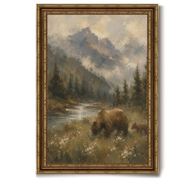 Brown Bear Mountain Forest Vintage Wildlife Animal Landscape Wall Art Print