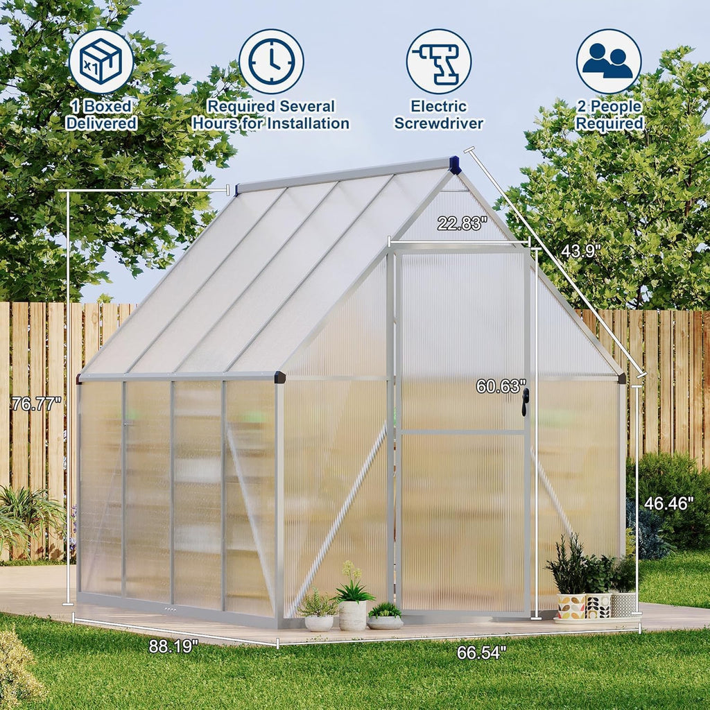 6 x 7 ft Outdoor Polycarbonate Greenhouse Kit, Heavy Duty Greenhouse with Reinforced Aluminum Frame, Adjustable Roof