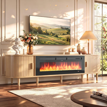 90′′ Fluted Fireplace TV Stand, Mid Century Modern TV Stand with 50′′ Fireplace for TVs Up to 100", Entertainment