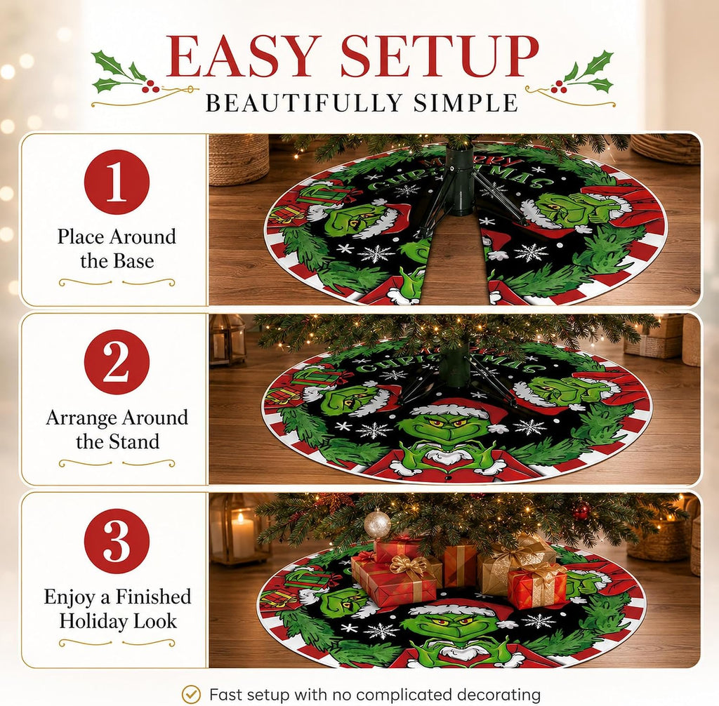48 Inch Christmas Tree Skirt, Green Character Holiday Tree Skirt with Merry