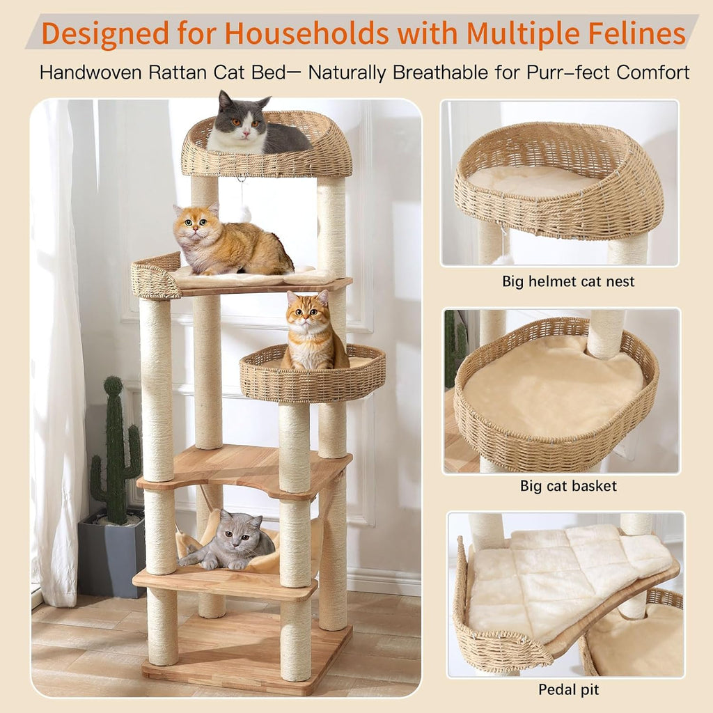 Wooden Cat Tree for Indoor Cats, 62 in Tall Cat Tower