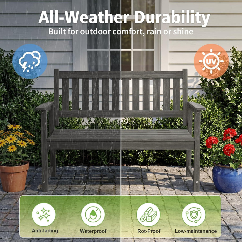All Weather Poly Lumber Outdoor Garden Bench, 2-Person, Light Gray | 700 Lbs Weight Capacity Heavy Duty Weatherproof