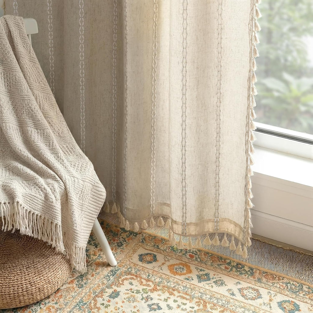 Boho Light Filtering Curtains 63 Inches Long Beige Linen Blend 2 Panels with Tassels and Cotton Embroidery, Farmhouse