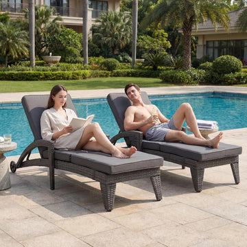 Chaise Lounge Chairs Set of 2, Upholstered 5-Positions Adjustable Lounge Chairs, Wicker Outdoor Long Reclining Chaise