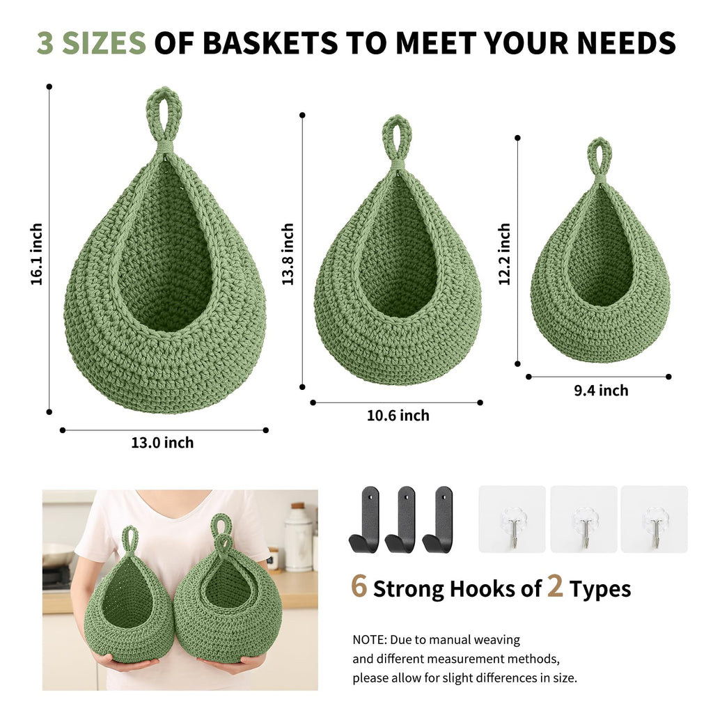 Boho Wall Hanging Fruit Baskets 3 Pack Woven Produce Holder with 6 Pcs Strong Hooks Vegetable Hanging Basket for