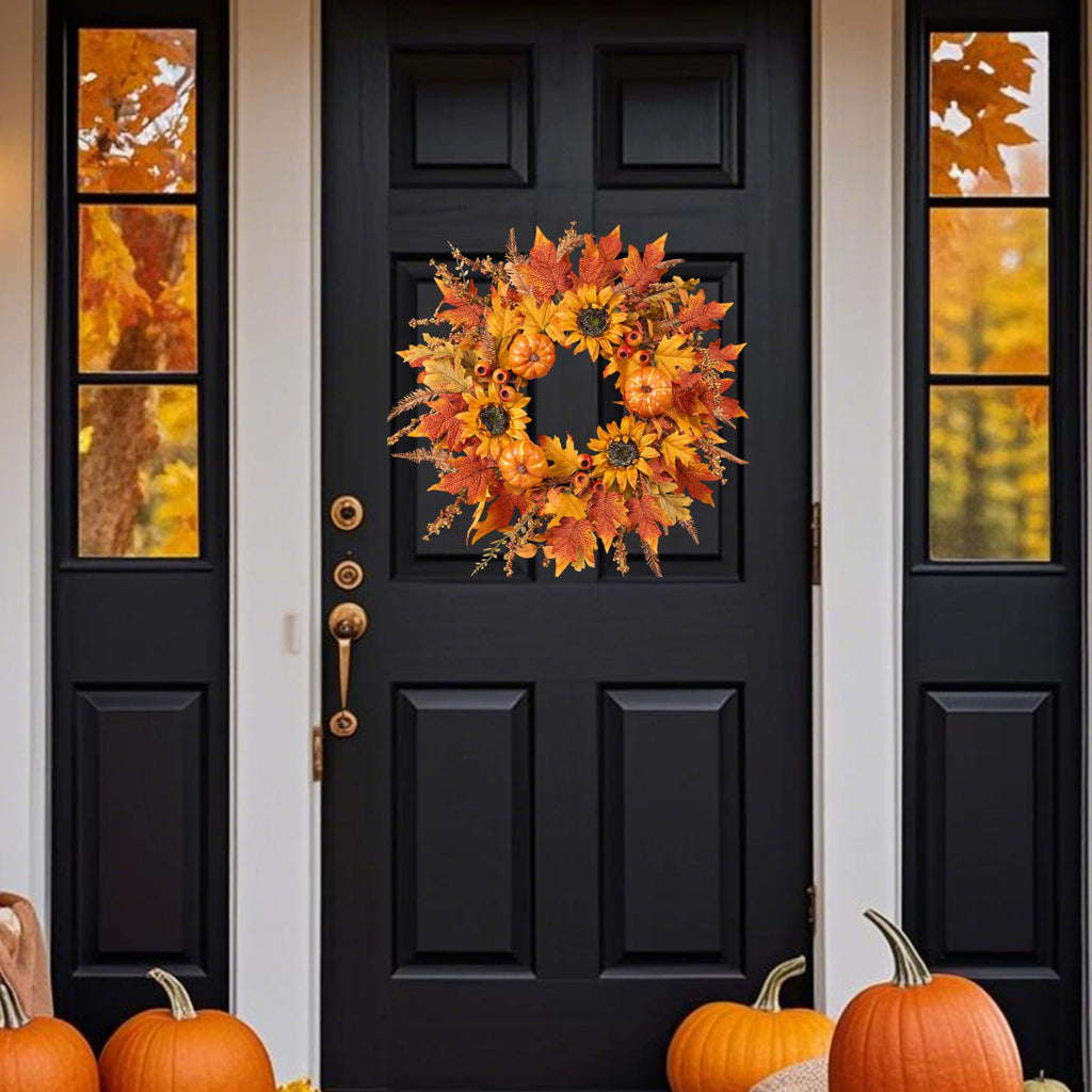 Fall Wreaths for Front Door 24 Inch Fall Wreath with Pumpkins Sunflowers Maple Leaves and Orange Red Berries Autumn
