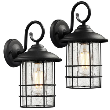 12.6 Inch Classic Outdoor Wall Lantern Light Fixtures, Set of Two Black Front Door Wall Lighting with Seeded Glass