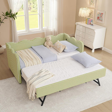 Twin Size Upholstery Daybed with Trundle and USB, Twin to King Design Adorable Wave Shaped Extendable Linen Sofa Bed
