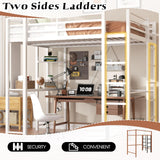 Full Loft Bed with Desk, Metal Frame with 2 Side Ladders, Storage Shelves, Safety Guardrail