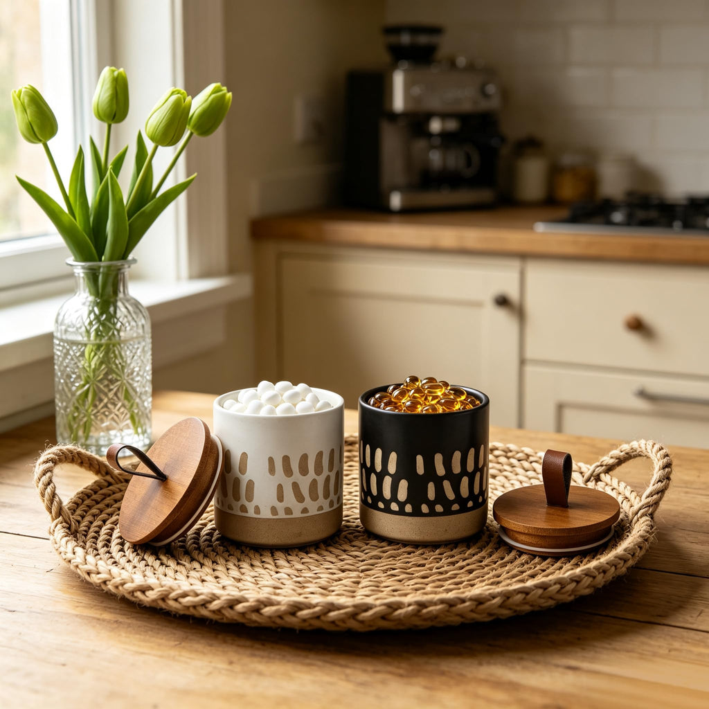 18 FL OZ Boho Ceramic Jar Set, Airtight Bamboo Lid, Coffee Ground Canisters