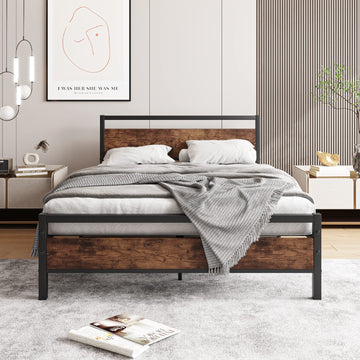 Bed Frame with Headboard, Wood Bed Frame Rustic Brown