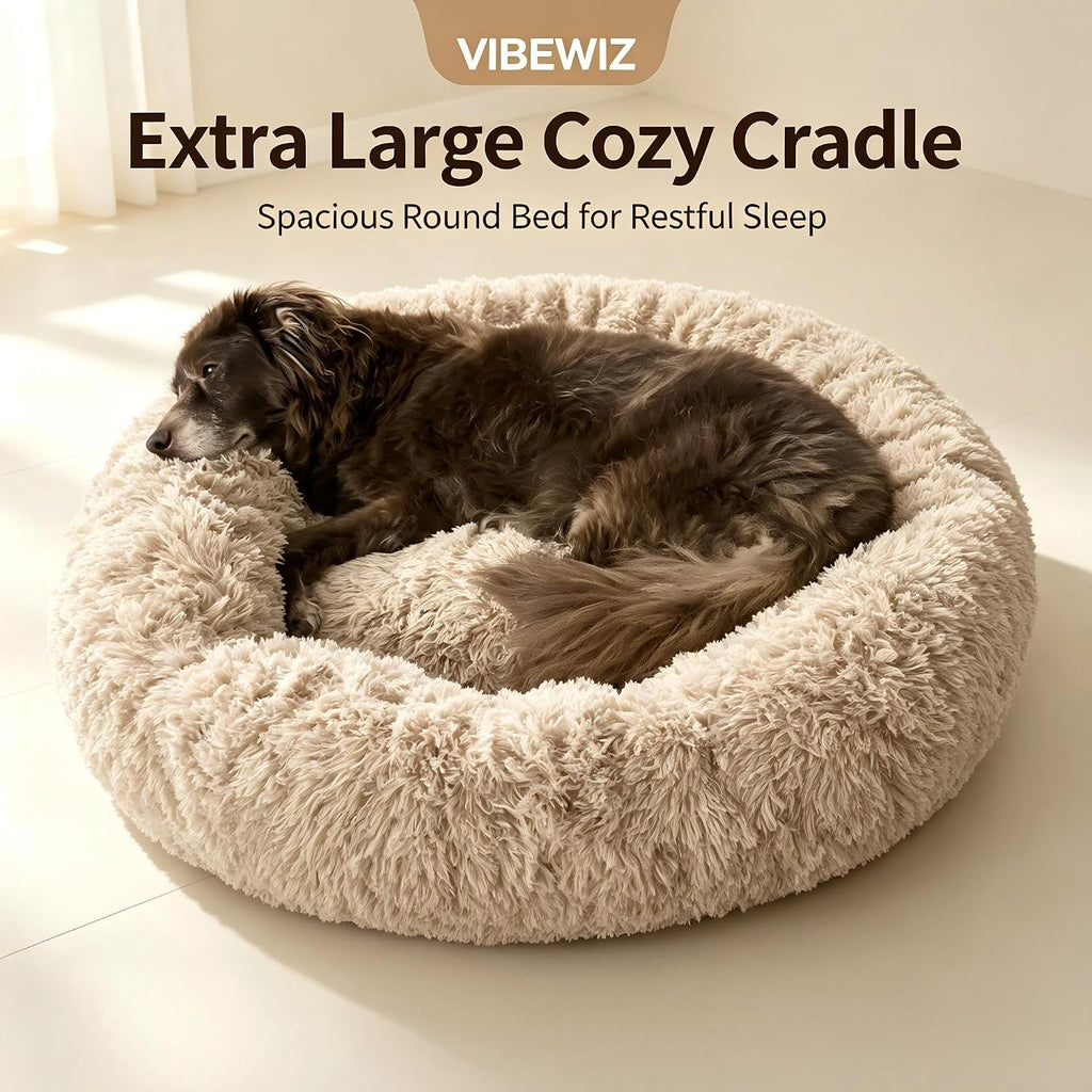 Calming Dog Bed, Washable Donut Cuddler Round Plush, 33ins Camel