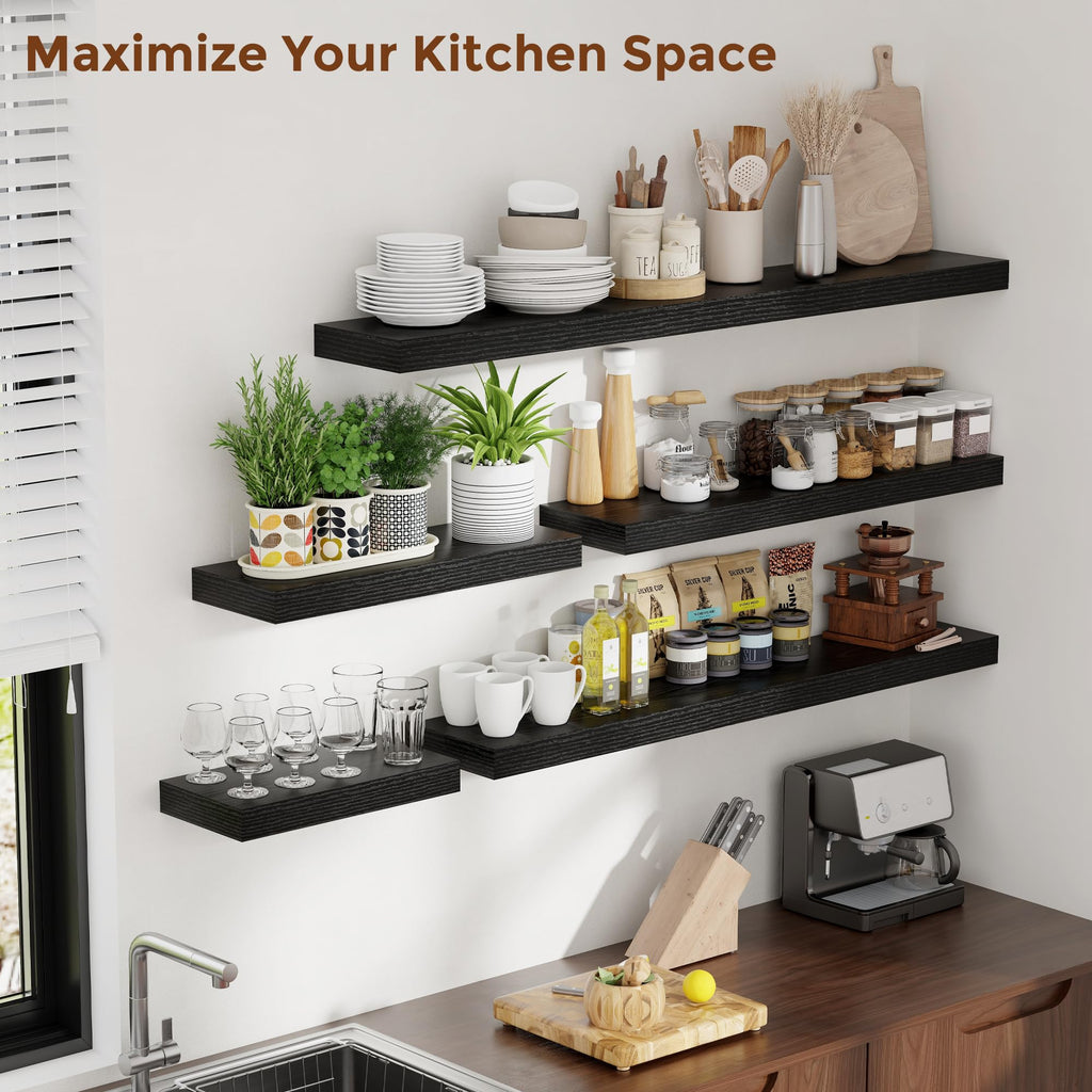55 Inch Floating Shelves for Wall 8 Inch Deep Black Shelves Set of 2, Wall Mounted Rustic Wood Long Floating