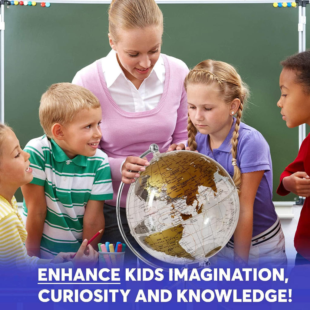 8'' World Globe, Clear Metal Globe with Built-in Gypsophila LED Strip Decor, Office Desktop, Study Education