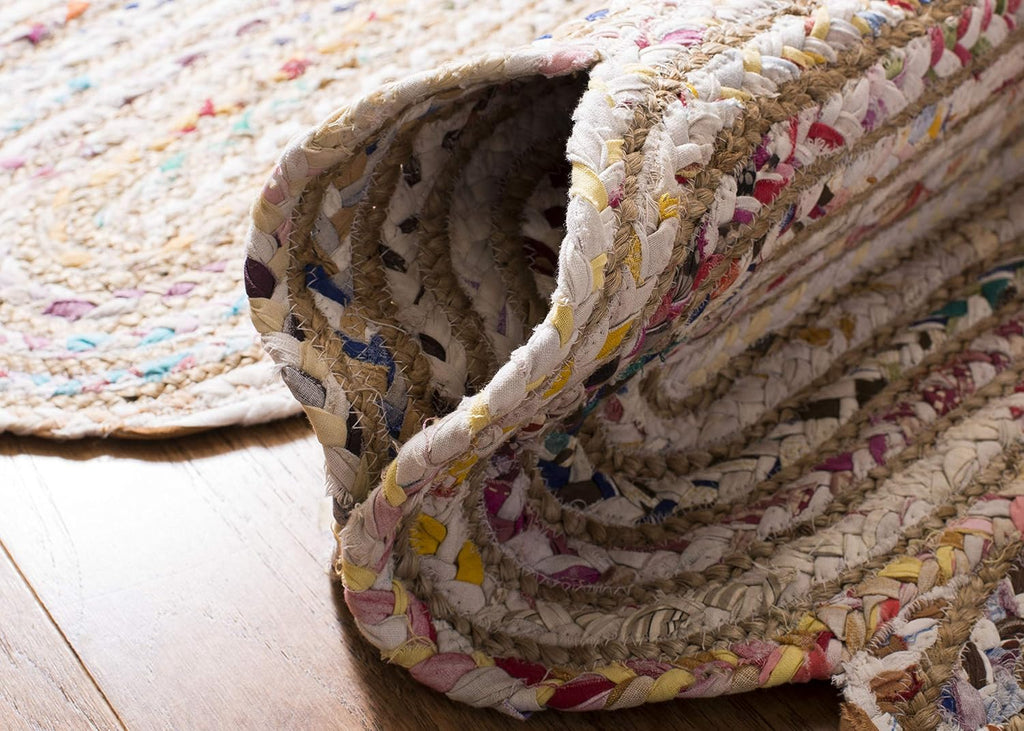 Cape Cod Collection Area Rug - 6' Square, Ivory & Multi, Handmade Braided Jute & Cotton, Ideal for High Traffic Areas