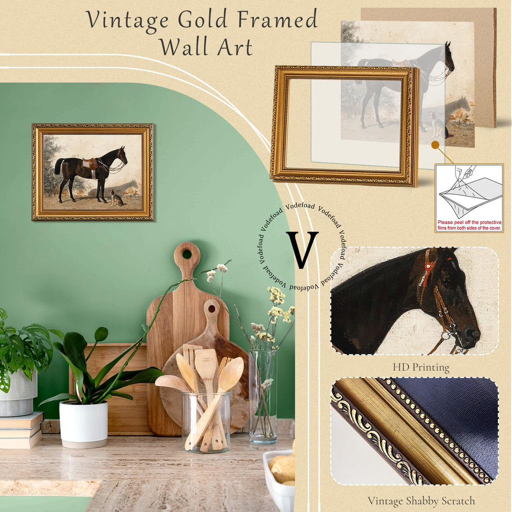 Retro Gold Framed Wall Art Decor, Detachable Gold Framed Rustic Farmhouse Wall Decor Horse Canvas Artwork, Classical