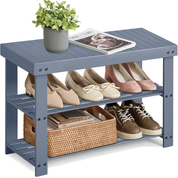 Shoe Rack Bench, 3-Tier Bamboo Entryway Bench, 27.6 Inches Width