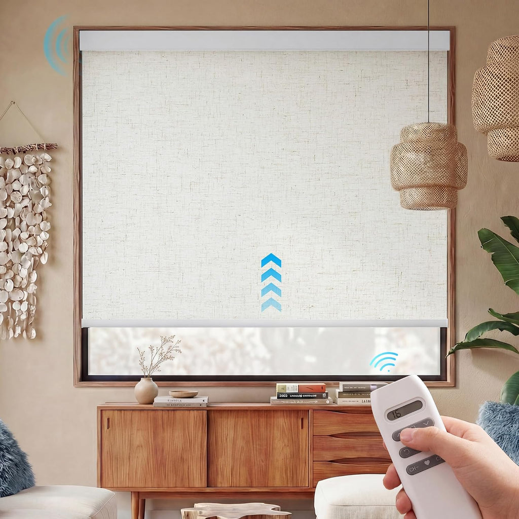 Motorized Blinds with Remote, APP, Voice Control, 100% Black - Bo Fla Natural Linen