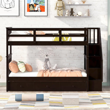 Wood Twin Over Twin Bunk Bed with Drawers and Stairs